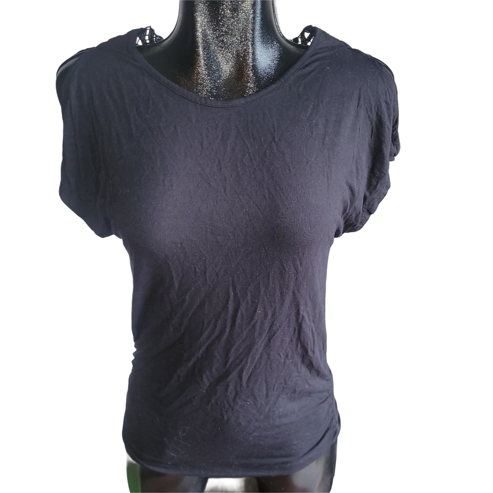 Dex Black Short Open Sleeve Top With Lace Detailed Back XS